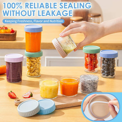 DRKIO 12 Pack Glass Baby Food Storage Containers - 4 Oz Baby Food Jars with Lids Baby Food Maker Microwave Dishwasher Freezer Safe 100% Leak Proof BPA Free Reusable