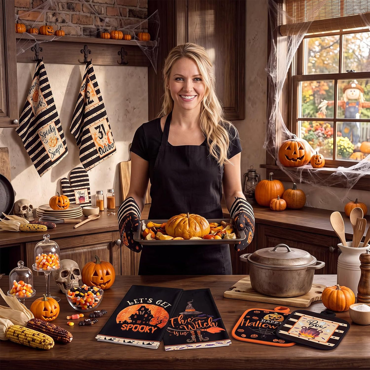 SiliFine 12 Pcs Fall Pumpkin Kitchen Towels Oven Mitts Pot Holders Set
