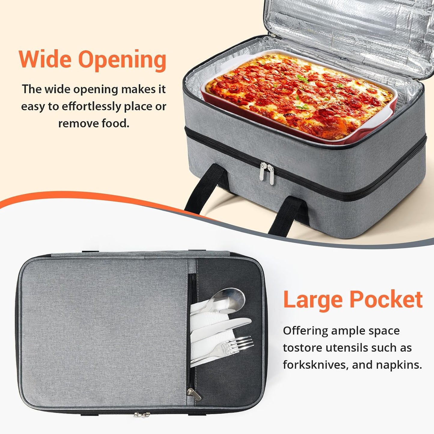 Insulated Casserole Carrier for Hot or Cold Food,Pie Carrier Bag Lunch Tote for Potluck Parties/Picnic/Cookouts, Fits 9"x13" Baking Dish,Grey