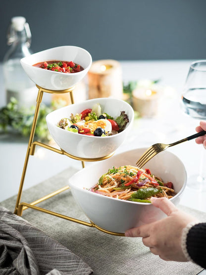 Miamolo Porcelain Serving Bowl Set for Appetizer Serving Dishes Set with 2 Compartment, Chip and Dip Taco Rack Display Salad Bar Serving Set, Gold Stand