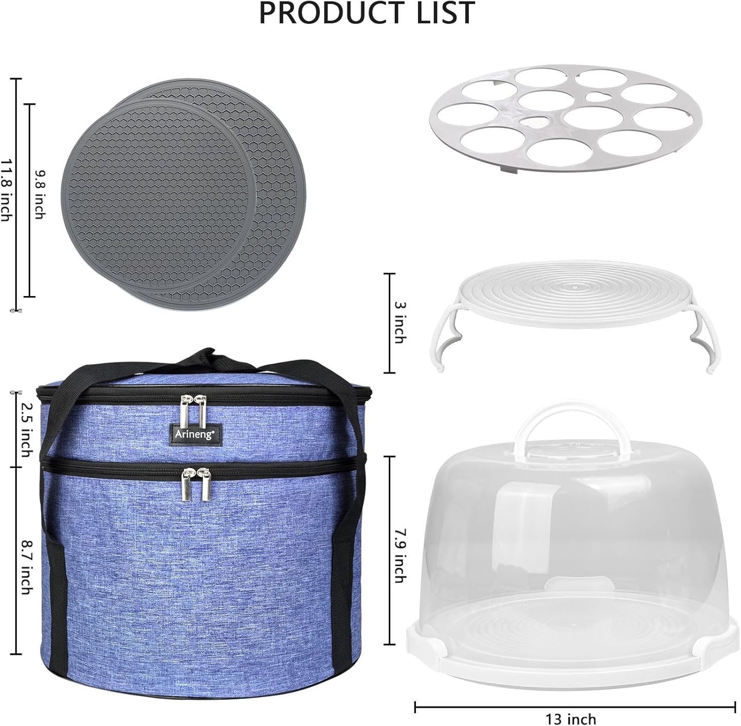Round Cake Carrier Box with Lid and Handle, Transportation Insulated Bag for Cakes, Cupcakes and Pies, Triple Locking Design for Safe Transportation (Grey, 12 * 12 * 7.9 Inch)