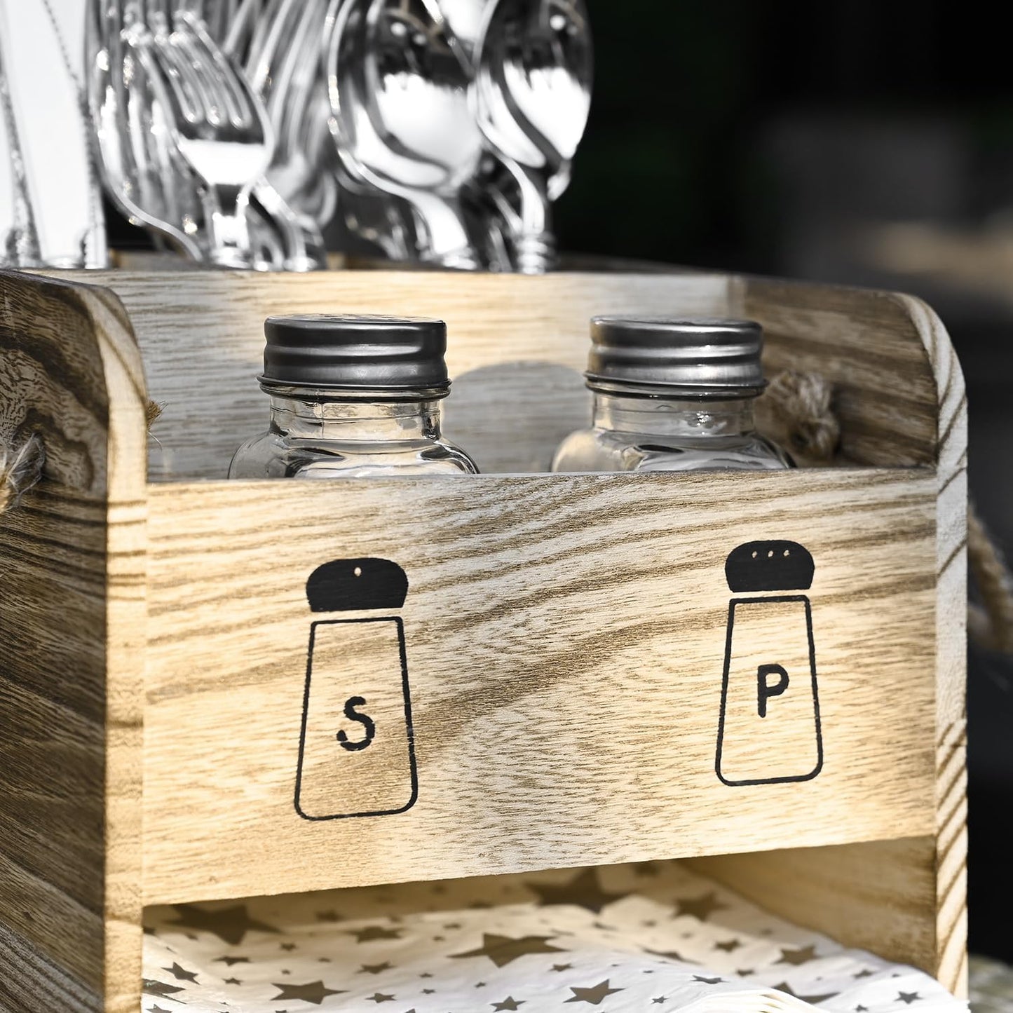 Ikee Design Wooden Utensil Caddy Flatware Holder with Handles - Utensil Holder for Dining Room, Restaurant and Kitchen, Oak Color, 7.13”W x 6.63”D x 7.5”H