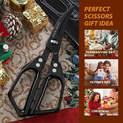 HUUSK Kitchen Scissors All Purpose - Stainless Steel Kitchen Shear, Sharp Silver Meat Scissors Dishwasher Safe, Heavy Duty Poultry Shears, Japanese Cooking Scissor for Food, Christmas Gifts for Women