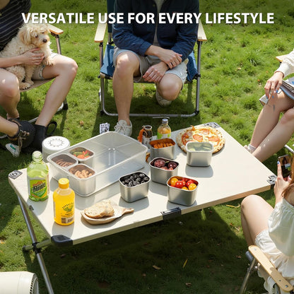 Snackle Box Container, Stainless Steel Divided Serving Tray with Lid and Handle, 8 Compartment Portable Snack Platters - Clear Storage Organizer for Fruit Candy Nuts Veggie - Perfect for Travel Party