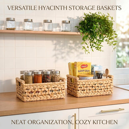 NAYA 11.6" Water Hyacinth Medium Wicker Shelf Basket – Storage Bin | Handwoven water hyacinth shelf basket with sturdy handles for pantry, towels and everyday home organization.