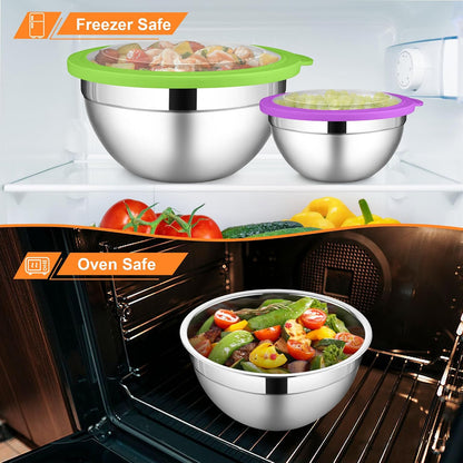 LIANYU Stainless Steel Mixing Bowls Sets of 6, Large 7, 3.5, 2.5, 2, 1.5, 1QT Size with Transparent Airtight Lids, Metal Nesting Serving Bowl Sets for Home Kitchen, Dishwasher & Freezer Safe, Black