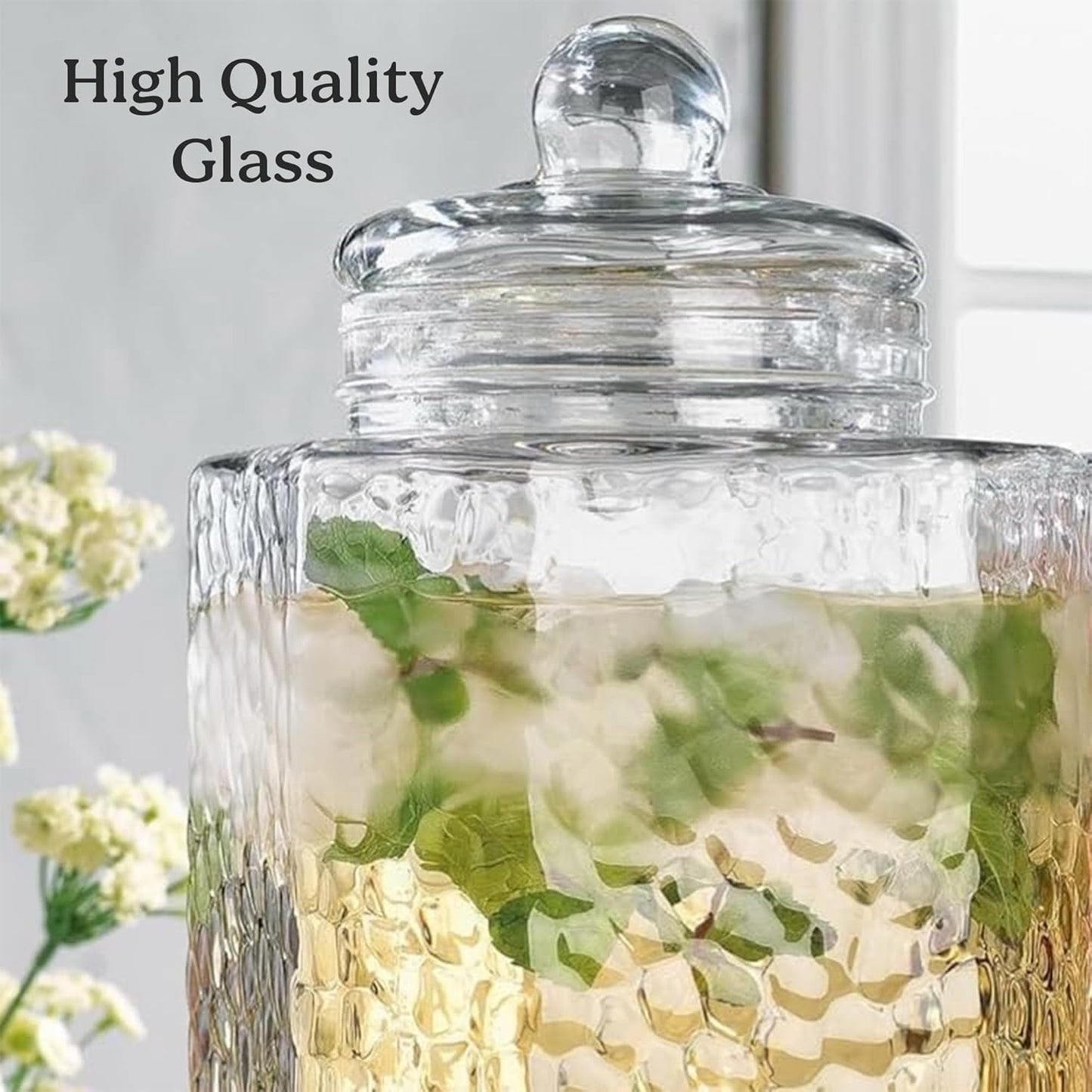 3 Gallon Glass Drink Dispenser with Metal Stand & Lid – Hammered Beverage Dispenser with Leakproof Spigot, Wide Mouth for Easy Fill – Ideal for Parties, Lemonade, Iced Tea, Sangria & More