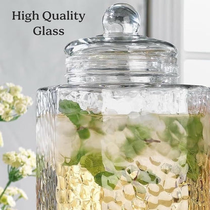 3 Gallon Glass Drink Dispenser with Metal Stand & Lid – Hammered Beverage Dispenser with Leakproof Spigot, Wide Mouth for Easy Fill – Ideal for Parties, Lemonade, Iced Tea, Sangria & More