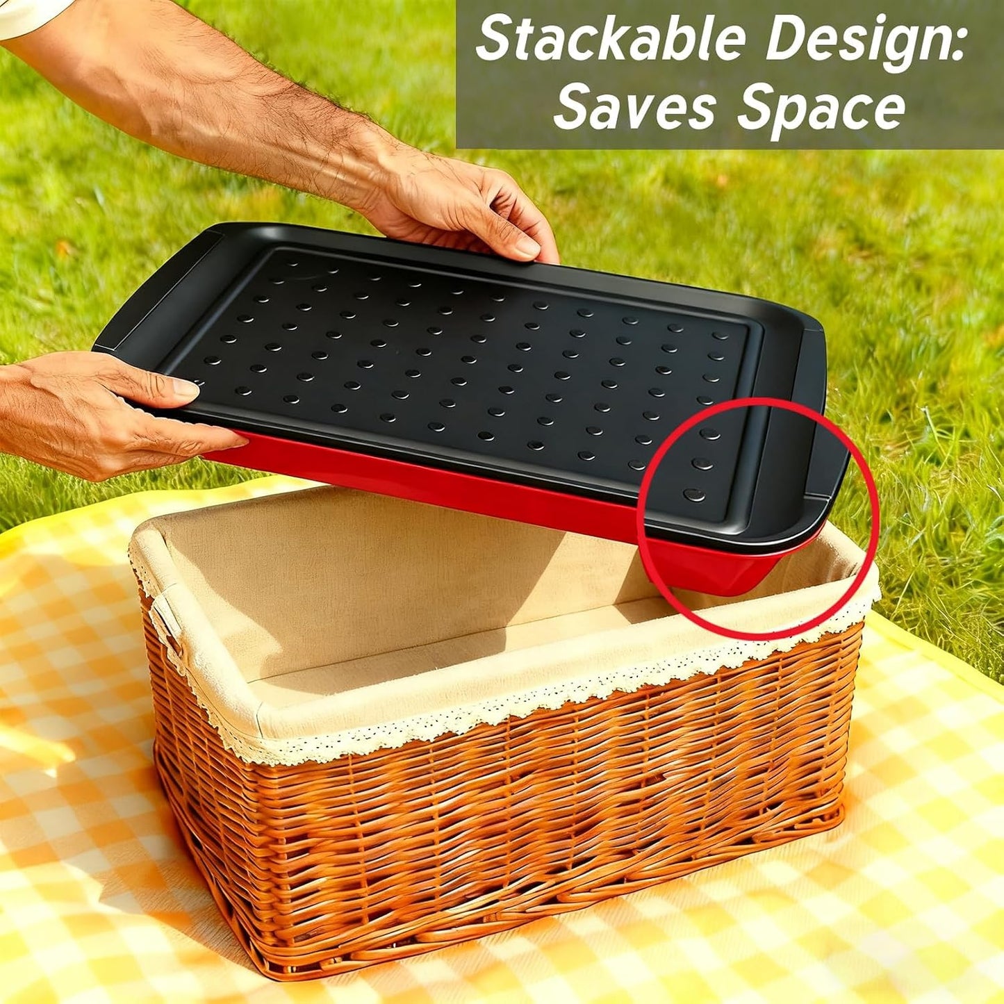 17 Inch Grilling Prep & Serve Trays with Non-Slip Base, Extra Thick,Warp-Resistant BBQ Platter Set for Cooking, Backyard Parties,Camping,Tailgating,Melamine Serving Trays for Food Prep,Red & Black