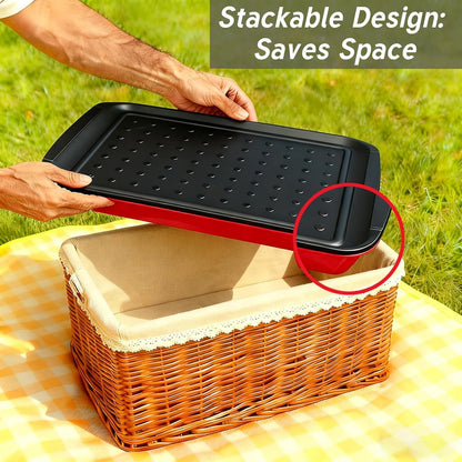 17 Inch Grilling Prep & Serve Trays with Non-Slip Base, Extra Thick,Warp-Resistant BBQ Platter Set for Cooking, Backyard Parties,Camping,Tailgating,Melamine Serving Trays for Food Prep,Red & Black