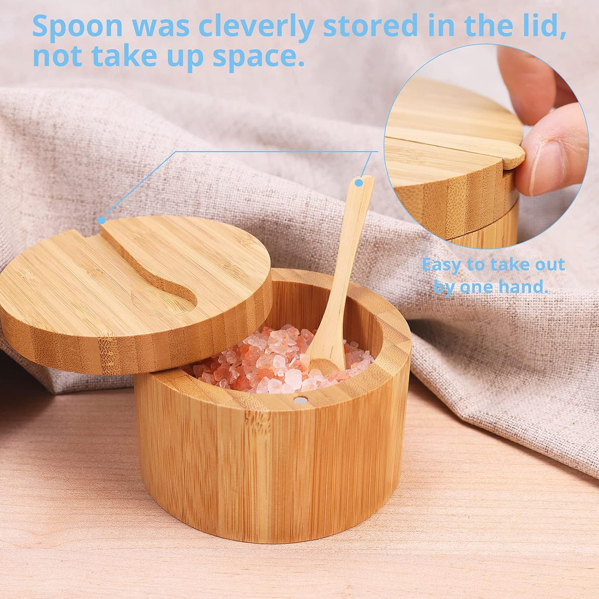 HTB Bamboo Salt Cellar with Mini Spoon and Magnetic Swivel Lid