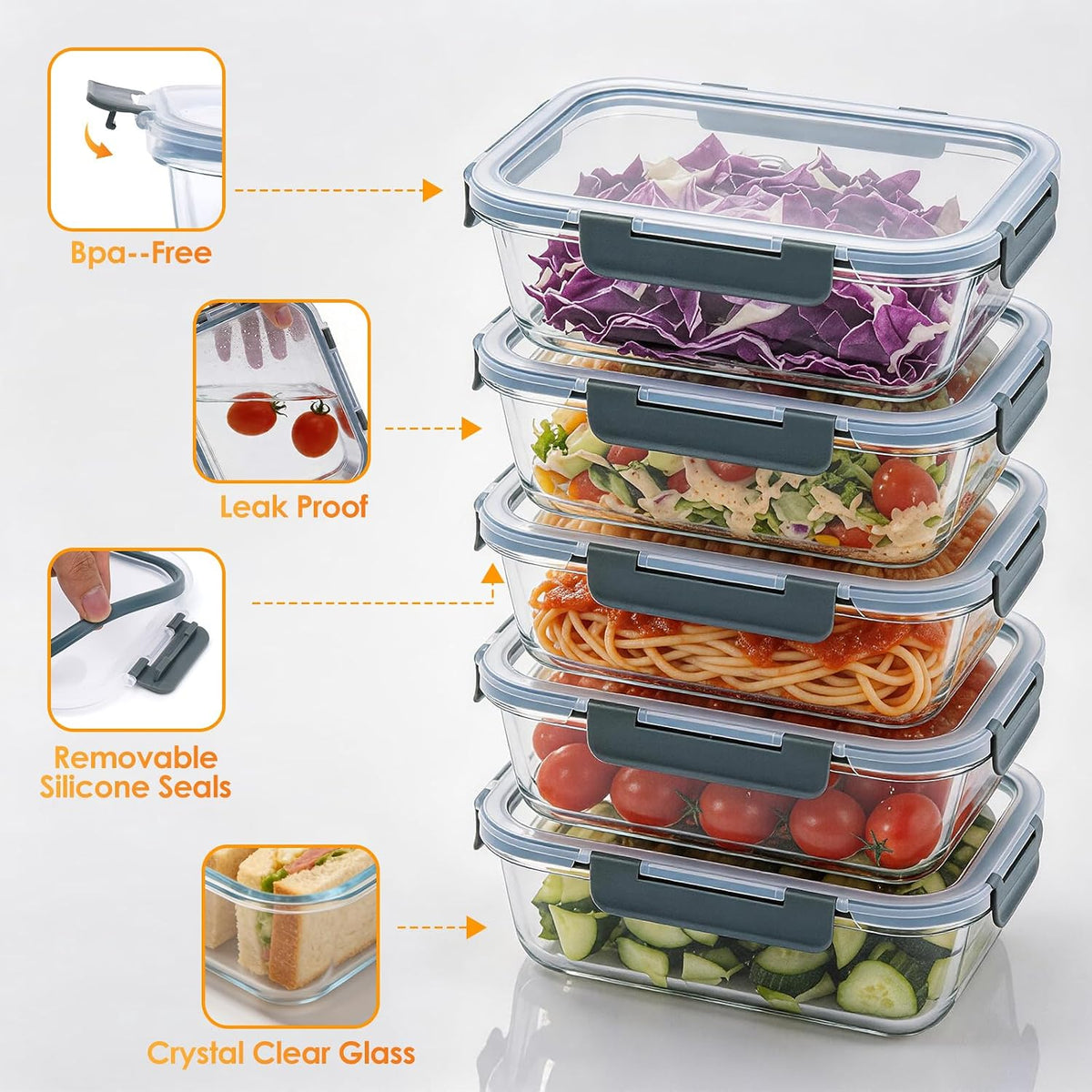5Pack 22oz Glass Storage Containers with Lids, Glass Meal Prep Containers Set, Airtight Snap Lids, BPA Free, Microwave Oven Freezer Dishwasher Safe, Grey