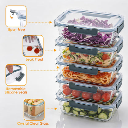 5Pack 22oz Glass Storage Containers with Lids, Glass Meal Prep Containers Set, Airtight Snap Lids, BPA Free, Microwave Oven Freezer Dishwasher Safe, Grey