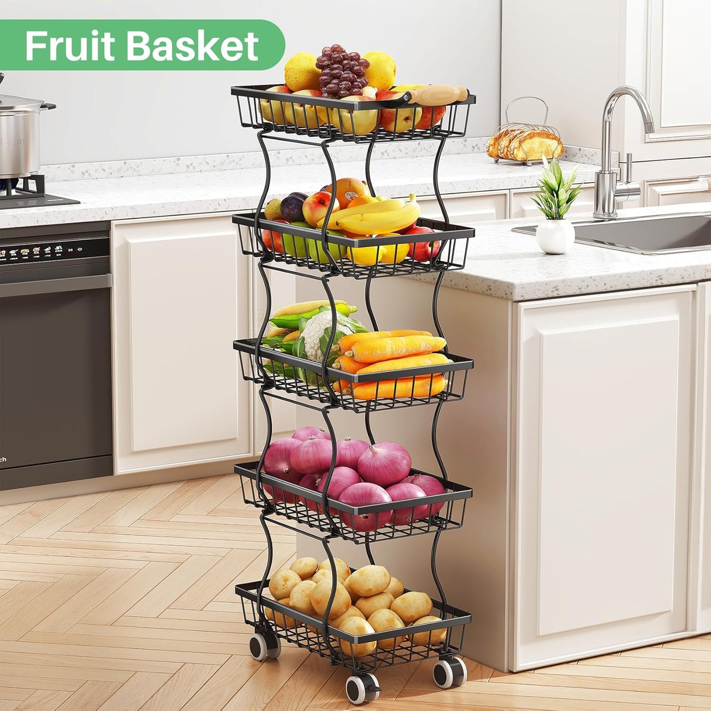 SAYZH Fruit Basket Kitchen Pantry Organizers and Storage - 4 Tier Stackable Metal Wire Basket Stand for Fruit Vegetable Snacks Jars Bins Containers Organization(Black, 4 Tiers)
