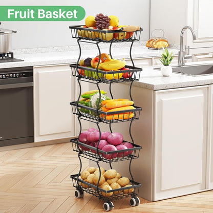 SAYZH Fruit Basket Kitchen Pantry Organizers and Storage - 4 Tier Stackable Metal Wire Basket Stand for Fruit Vegetable Snacks Jars Bins Containers Organization(Black, 4 Tiers)