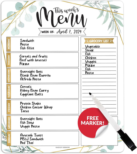 Hadley Designs Greenery Weekly Dinner Menu Board For Kitchen-Magnetic Meal Planner For Refrigerator, Weekly Menu Board Meal Planner, Dry Erase Board