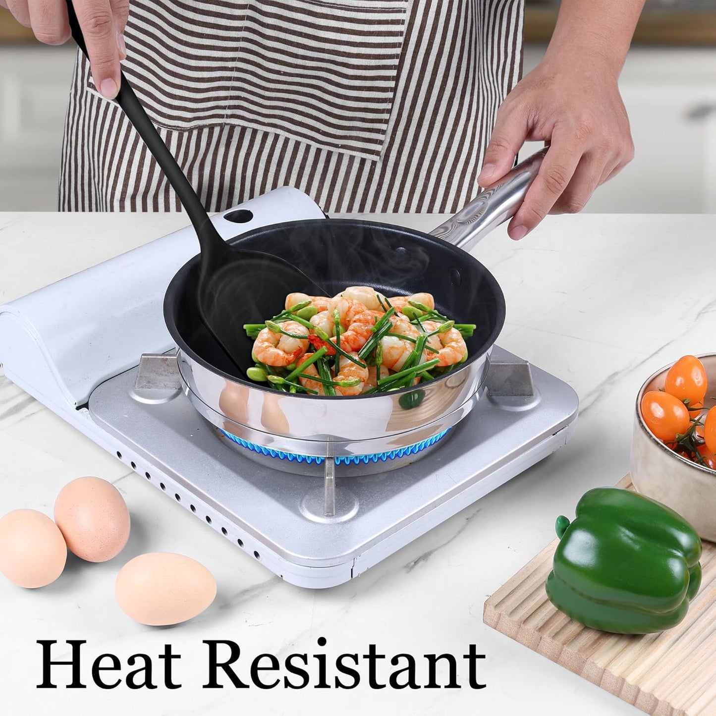 LIANYU Non-Toxic Silicone Kitchen Utensils Set, 8 Piece Non-Scratch Cooking Spoons & Spatulas, Stainless Steel Core, Heat Resistant & Dishwasher Safe, Khaki