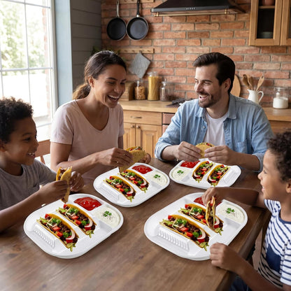 Baderke 40 Pack Disposable Plastic Taco Plates, Fiesta Tacos Holder Tray PP Taco Holder Plates with 2 Dividers for Soft & Hard Shells for Tacos Tuesday Bar, Parties, Picnics (Black)