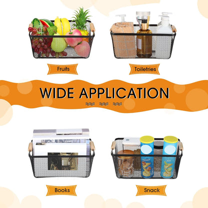 Ziliny 4 Pcs Metal Mesh Wire Baskets with Wooden Handles for Organizing, Pantry Organizers and Storage Steel Bin Kitchen Baskets for Fruit Potato Onion Snacks Bathroom Cabinet(Medium,Cream White)