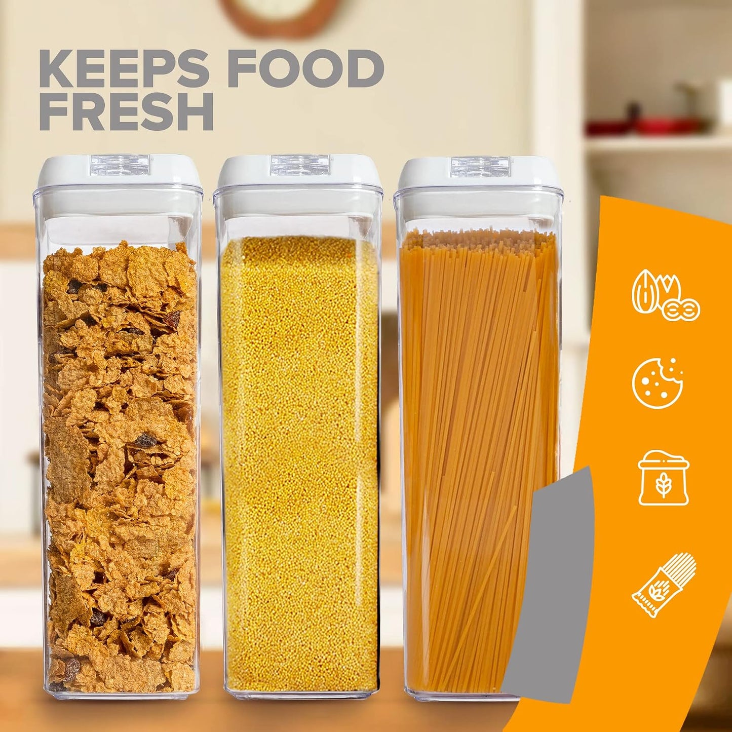 Cheer Collection One Size Airtight Food Storage Containers - Set of 4 IDENTICAL 65 oz Pantry Organizer Bins plus Marker and Labels - Black Lids