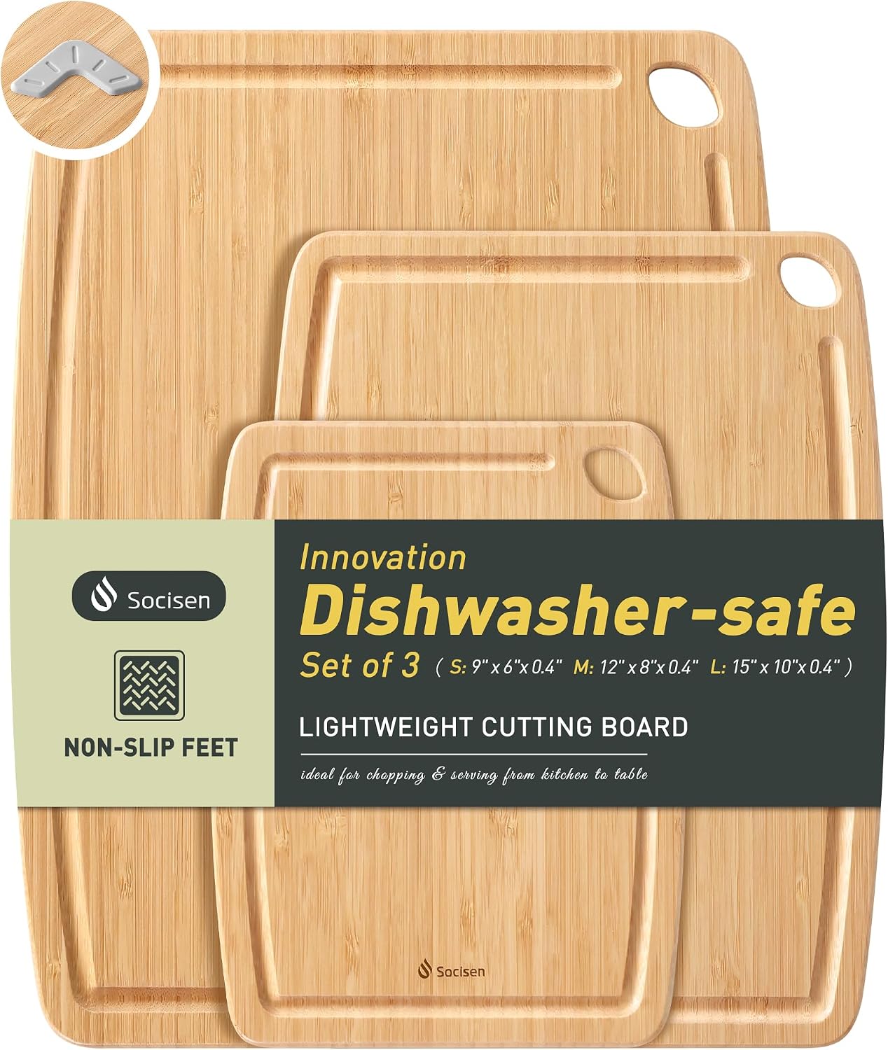 Lightweight Durable Bamboo Cutting Board Set with Non-Slip Feet, Wood Cutting Board for Busy Kitchen, Easy Clean Wooden Chopping Boards with Juice Groove Best House Warming Gift Set of 3 (S+M+L)
