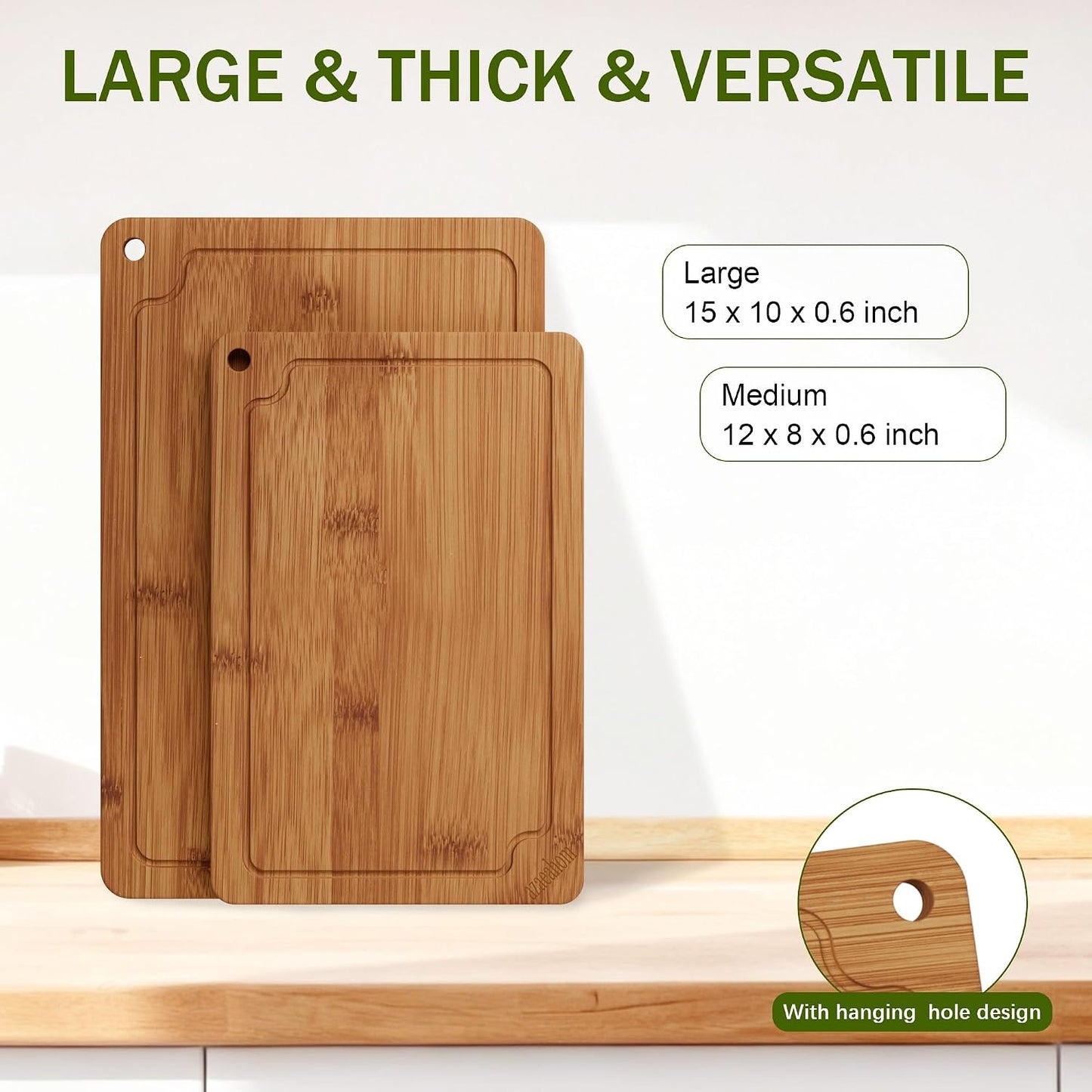 Bamboo Cutting Boards for Kitchen, Wood Cutting Board Set with Juice Grooves & Built-in Handles, Large Medium Small Chopping Board for Meat, Vegetables, Fruit