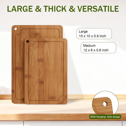 Bamboo Cutting Boards for Kitchen, Wood Cutting Board Set with Juice Grooves & Built-in Handles, Large Medium Small Chopping Board for Meat, Vegetables, Fruit