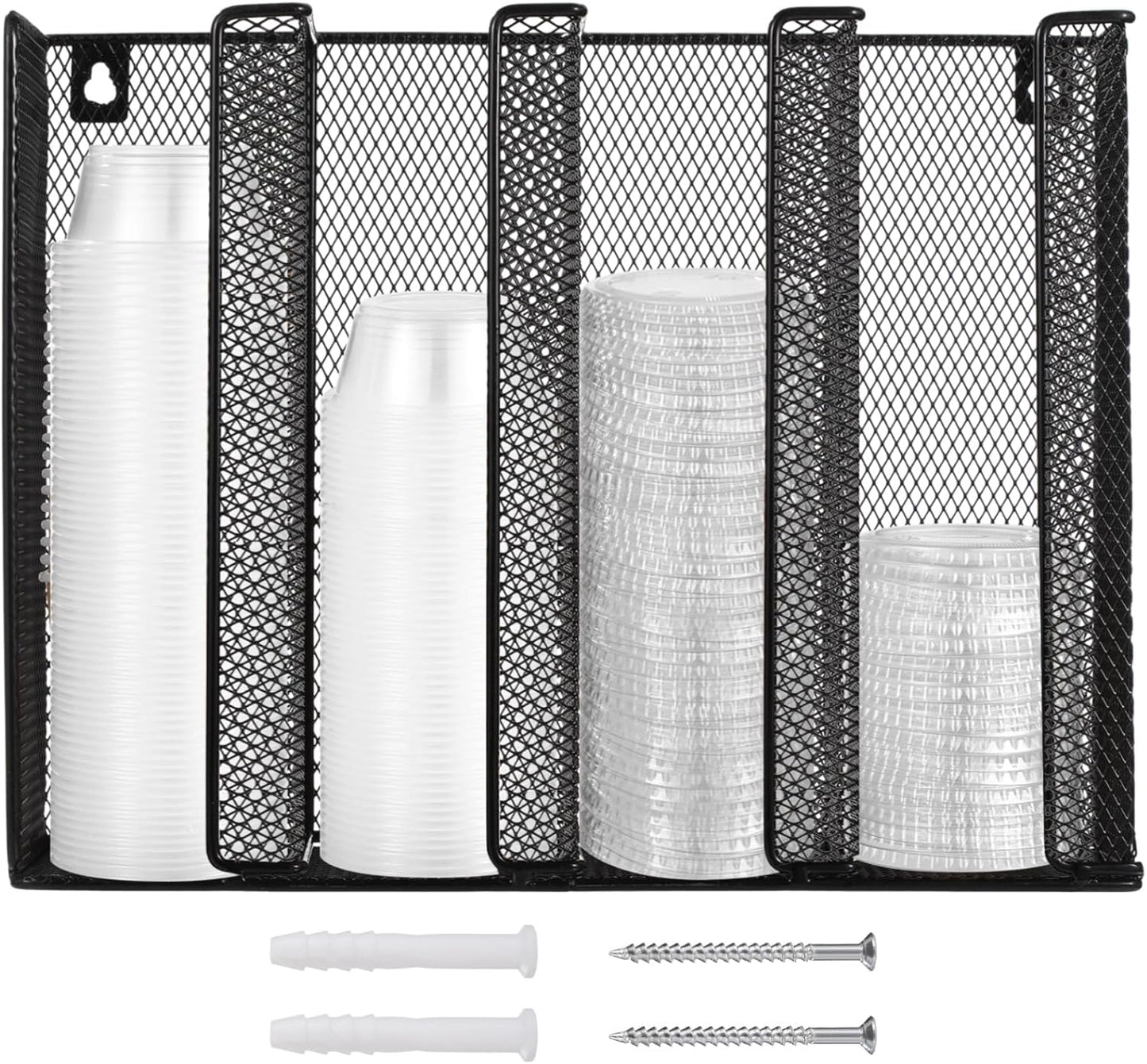 Wall Mount Portion Sauce Cup Lid Organizer, Black Metal Mesh Sauce Cup Dispenser, 4 Compartment for Stacking Plastic Disposable Cup and Lid Storage For Kitchen Restaurant Coffee Bar,Easy Installatio