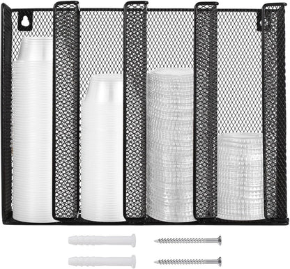 Wall Mount Portion Sauce Cup Lid Organizer, Black Metal Mesh Sauce Cup Dispenser, 4 Compartment for Stacking Plastic Disposable Cup and Lid Storage For Kitchen Restaurant Coffee Bar,Easy Installatio