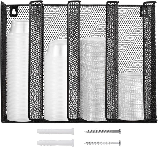 Wall Mount Portion Sauce Cup Lid Organizer, Black Metal Mesh Sauce Cup Dispenser, 4 Compartment for Stacking Plastic Disposable Cup and Lid Storage For Kitchen Restaurant Coffee Bar,Easy Installatio