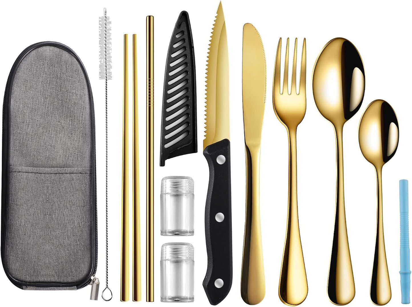 Logcow Travel Utensils Set with Case, 10-Piece Reusable Stainless Steel Camping Cutlery, Portable Fork Spoon Knife Chopsticks & Straw for Work, Lunch, Picnic (Rainbow)