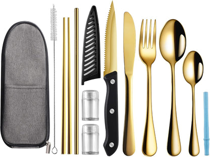 Logcow Travel Utensils Set with Case, 10-Piece Reusable Stainless Steel Camping Cutlery, Portable Fork Spoon Knife Chopsticks & Straw for Work, Lunch, Picnic (Rainbow)