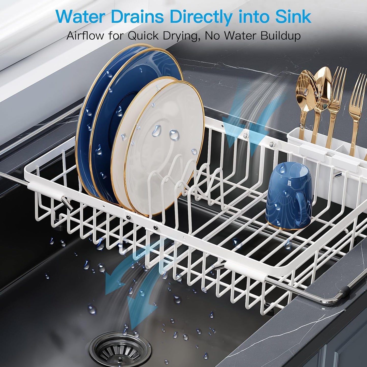 JASIWAY Dish Drying Rack in Sink, Expandable Stainless Steel Dish Drainers for Kitchen Counter, Dish Dryer Rack for Inside Sink, Over The Sink Dish Racks with Utensil Holder, Silver
