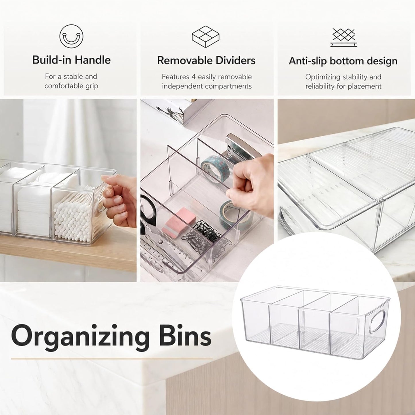 Clear Plastic Storage Bins with Removable Dividers – Pantry Snack Organizer, Kitchen Pantry Organizers and Storage, Snack Drawer Organizer, Fridge Organizer (2 Pack)