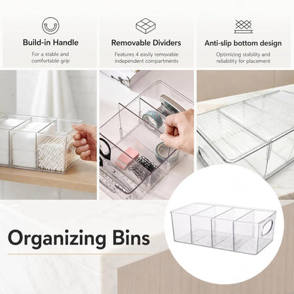 Clear Plastic Storage Bins with Removable Dividers – Pantry Snack Organizer, Kitchen Pantry Organizers and Storage, Snack Drawer Organizer, Fridge Organizer (2 Pack)