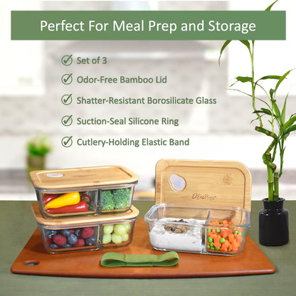 EcoPreps Glass Bento Box Containers with Bamboo Lids, 3 Compartment Glass Meal Prep Containers (3 Pack) - 100% Plastic Free, Eco-Friendly Lunch Container Set, Bamboo Lid Bento Boxes for Adults