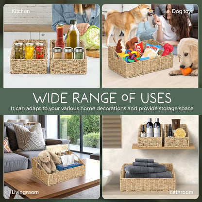 Set of 3 Handwoven Storage Baskets – Decorative Natural Wicker Organizer Bins with Built-in Handles for Bathroom, Kitchen, Pantry, Nursery, Closet, Laundry, Living Room, and Home Use