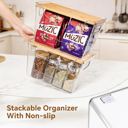 Criusia 2 Set Pantry Organizers and Storage with Bamboo Lids, Stackable Clear Bins for Onion, Potato, Fruit, Vegetables, Trash Bag Dispenser, Kitchen and Under Sink Organizer