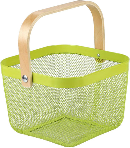 Coloful Metal Mesh Wire Basket with Foldable Wooden Handle,Bin Garden Fruit Vegetable Storage Hanging Harvest Holder for Kitchen Bathroom Picnic (Yellowish Green, Cuboid-15.7 x 9.5 x 7.2“)