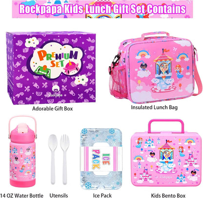 rockpapa Chill Kids Lunch Box Set with Leakproof 5.5 Cups Bento Box, Reusable Ice Pack, 14oz Insulated Water Bottle & Lunch Bag, BPA-Free Microwave Safe for School Boys Girls (Black Games)