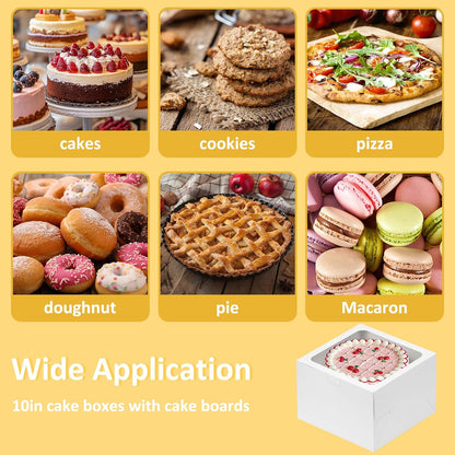 Moretoes 2 Pack Cake Boxes 10 Inch with Boards, 10x10x5 Inches White Cake Carrier Bakery Containers, Disposable Bakery Boxes for Valentine's Day Mother's Day for Cake Cupcake Cookie Pie Pastry