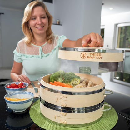 Bamboo Steamer Basket 10 Inch Extra Deep Easy Lift Handles Dumpling Steamer