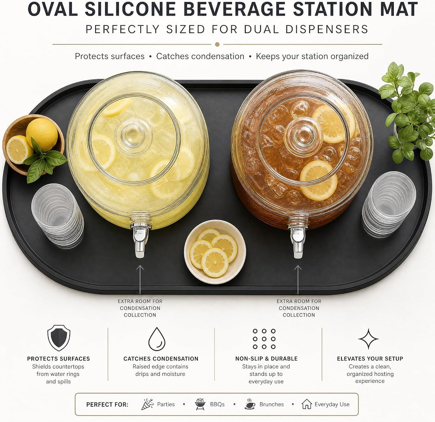 Drip Mat Fit for Drink Dispenser, Drip Tray for 2 Glass Drink Dispensers | Fits Dual Beverage Dispensers And Catches Drips, Condensation And Spills For Cleaner Party Tables And Drink Stations