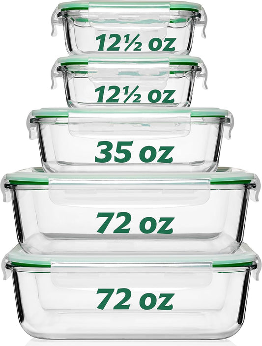 Fusion Gourmet 8 Pack 35 oz Glass Storage Containers with Lids - Airtight, Leakproof, Oven, Microwave & Freezer Safe, Stain & Odor Resistant, Reusable Meal Prep Containers (16-Piece)