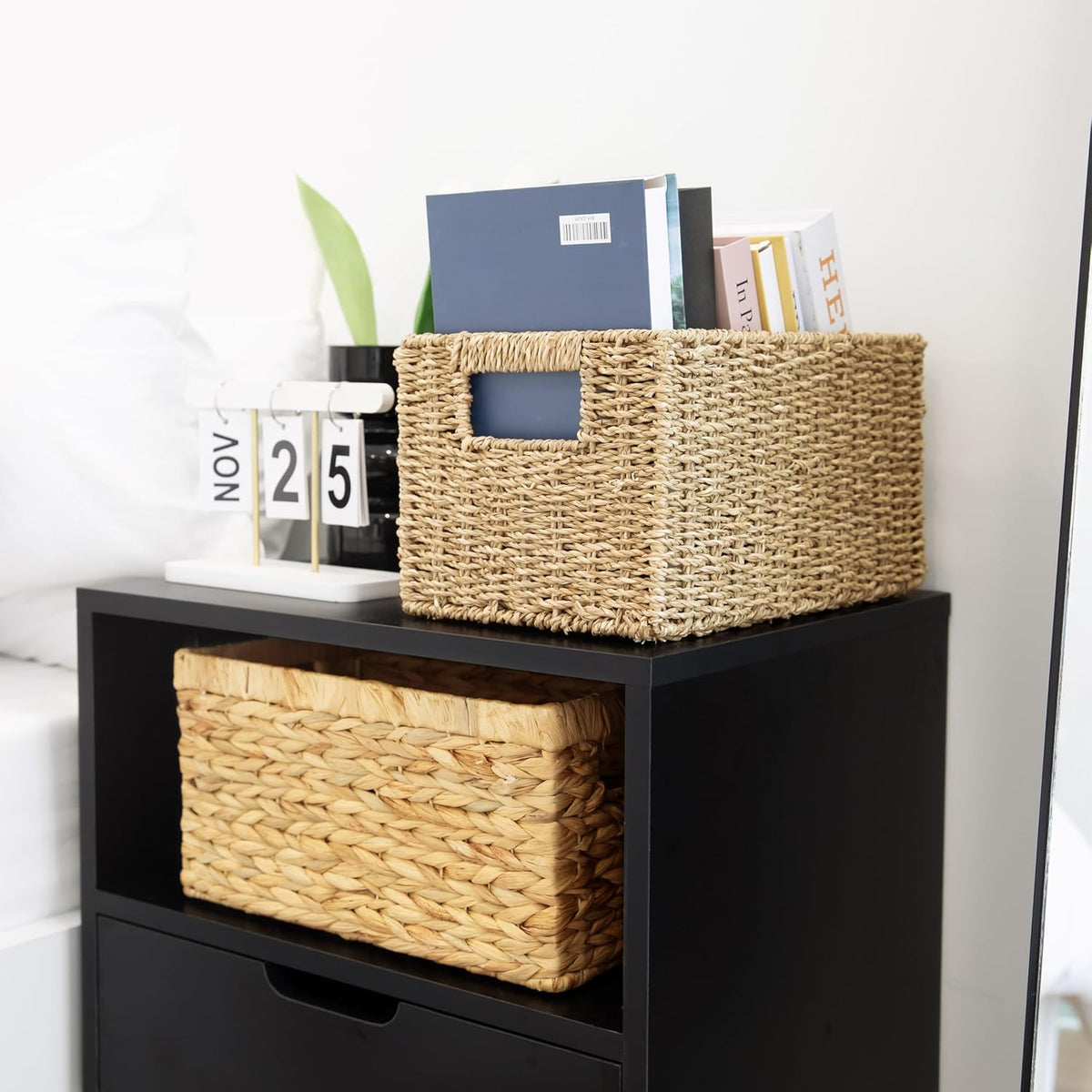 2-Pack Handwoven Water Hyacinth Storage Baskets with Handles, Wicker Bins for Pantry Organization, Shelf or Closet Organizer, Decorative Boho Rectangular Basket 13.5" x 8"