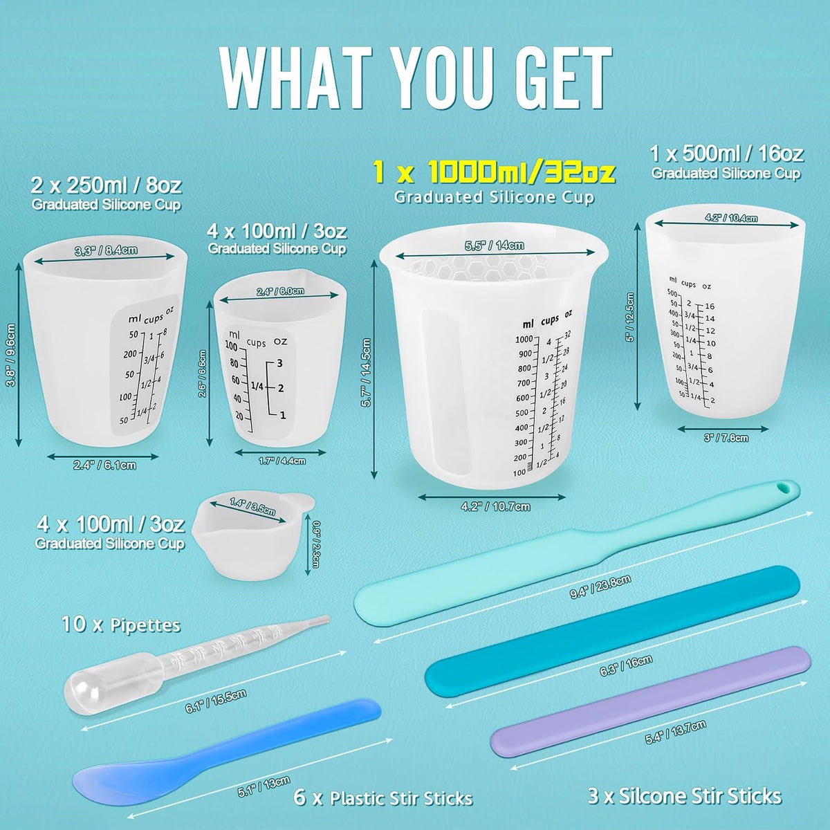Silicone Resin Mixing Measuring Cups for Resin Supplies, 600ml/20oz Bowl, 250 & 100ml Thickened Reusable Silicone Cups for Epoxy Mixing, with Stir Sticks and Pipettes, Jewelry Making