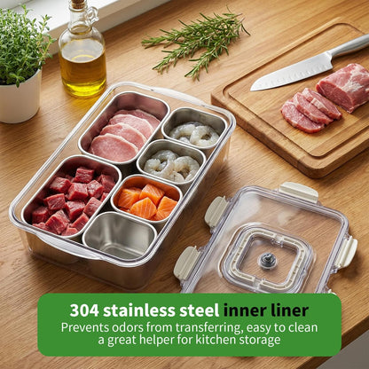 Snackle Box Container, 6-Compartment Stainless Steel Tray with Lid & Handle, Portable Divided Serving Platter for Fruit, Veggie, Candy - Perfect for Travel, Party, Beach