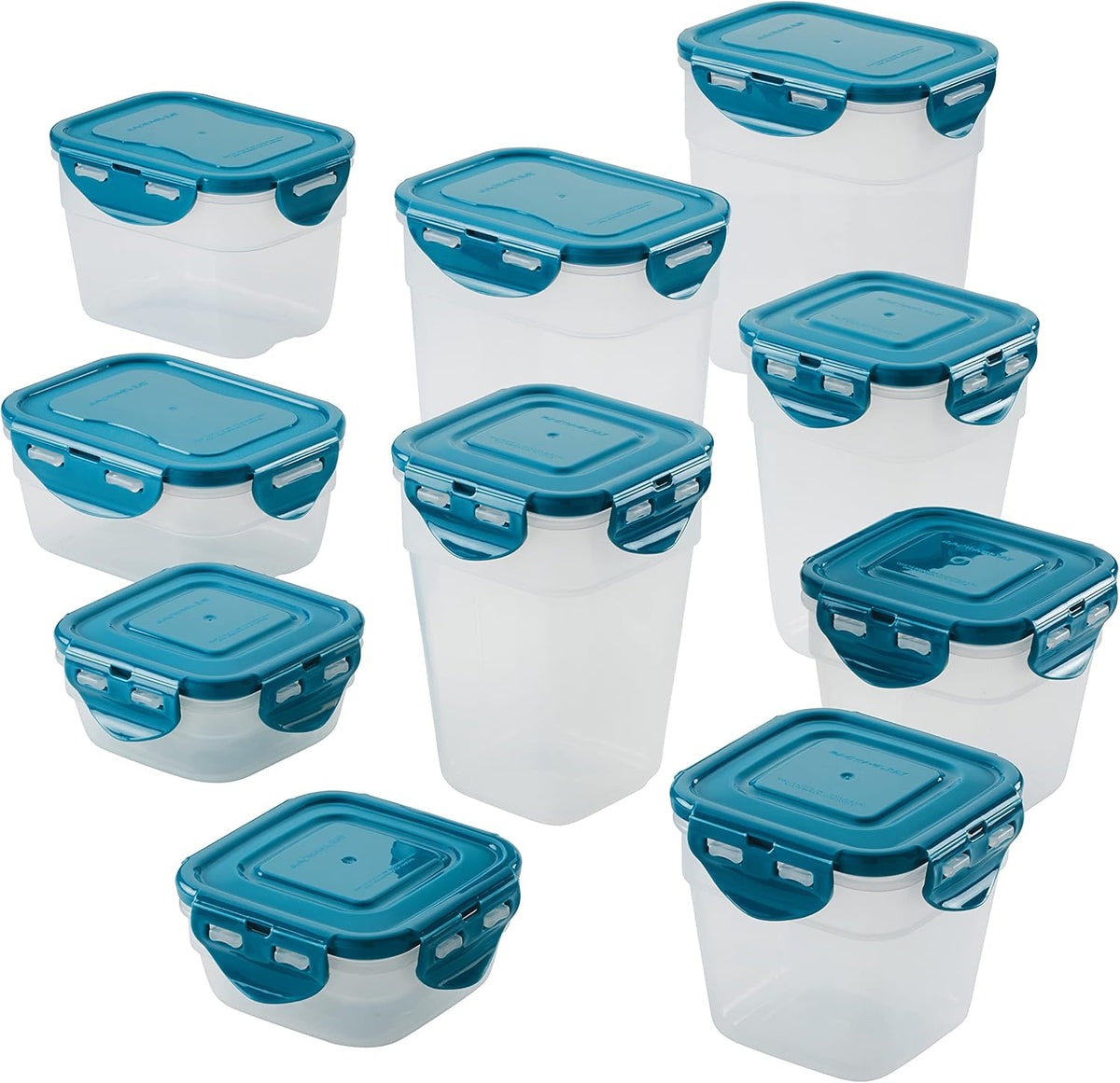 Rachael Ray Leak-Proof Nestable Container Food Storage Bin Set, 10-Piece, Clear with Teal Lids