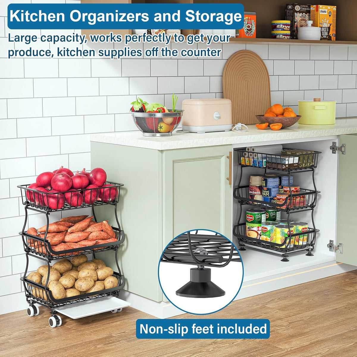 OKZEST 3-Tier Rolling Pantry Floor Organizer and Storage Cart with Wheels, Stackable Wire Pantry Baskets for Pantry Shelves, Kitchen Storage Rack and Fruit Basket Stand for Fruit Snack Onion Potato