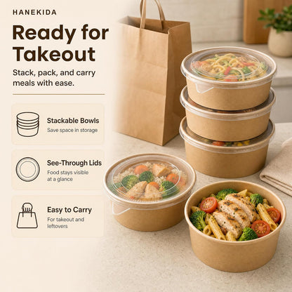 34 oz Paper Bowls with Lids, 50 Count Disposable Meal Prep Containers